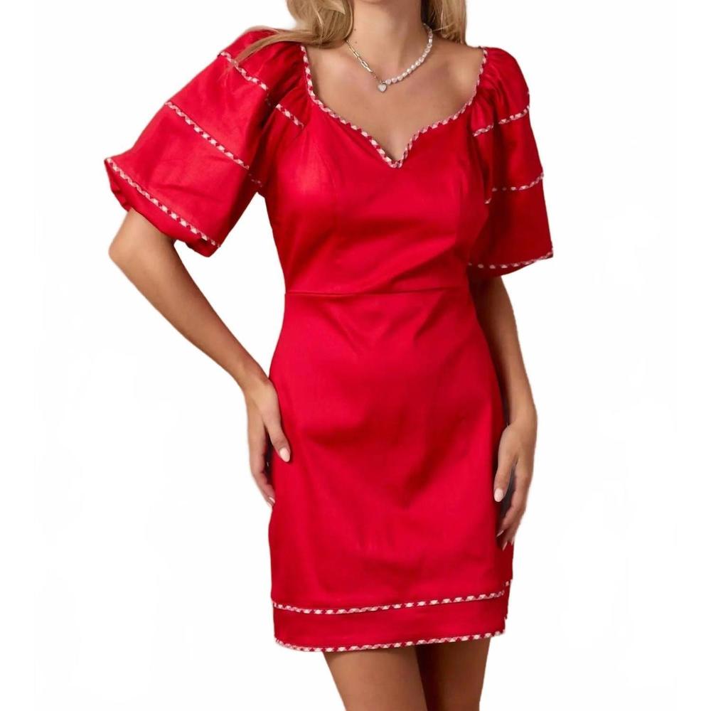NEW BABY PINK plaid piping bubble sleeve dress in red